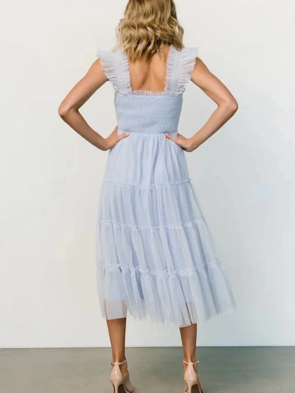 Baltic Born Emma Smocked Midi Tulle Dress EUC Light Blue M Tiered Tulle Ruffle - Picture 2 of 8
